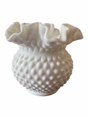 Vintage Fenton White Milk Hobnail Ruffled Rim Large Rose Bowl Vase - 6 1/8" wide